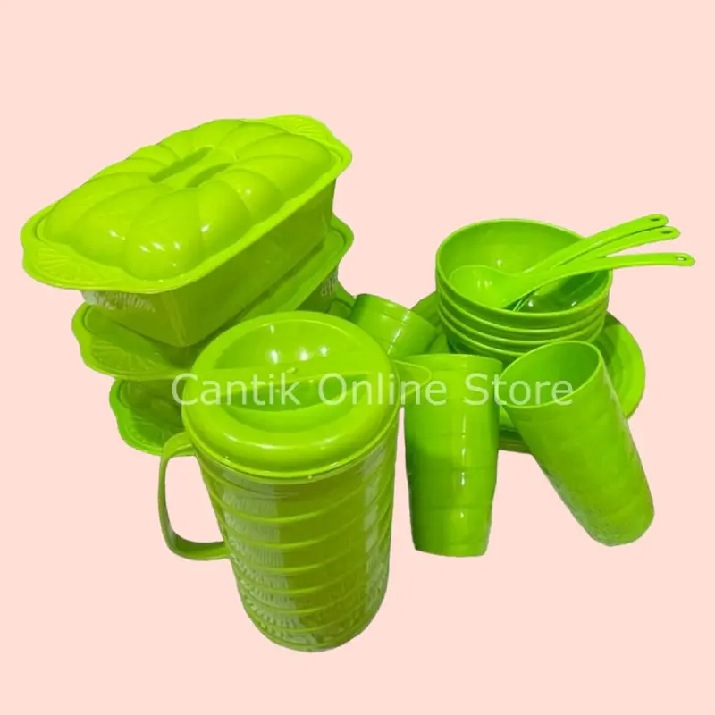 Prasmanan set isi 16 Pcs (3 Basi segi+3 Piring Makan+3 Mangkok+3 Gelas Ulir) Free Teko ulir BONUS 3 pcs Centong sayur Plastik 4