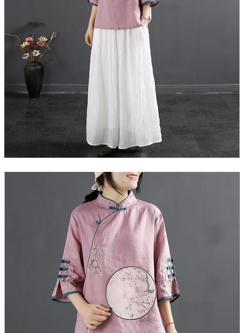 Product Introduction of Oemg2024 Summer New Chinese Style Retro Cotton and Linen Shirt Women's Chinese Style Stand-up Collar Frog Button Top Embroidered Cotton Tea Clothes 24