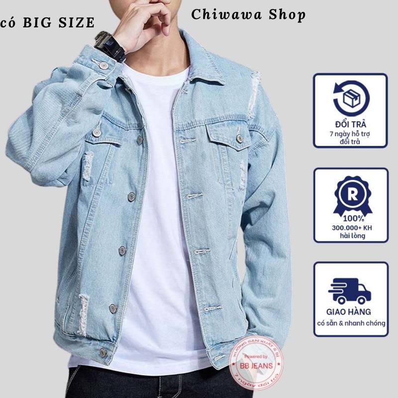 [size XXL + túi trong] Áo khoác jean nam xanh rách có túi trong chứa điện thoại tiện dụng form rộng Chiwawa shop Menswear Cotton