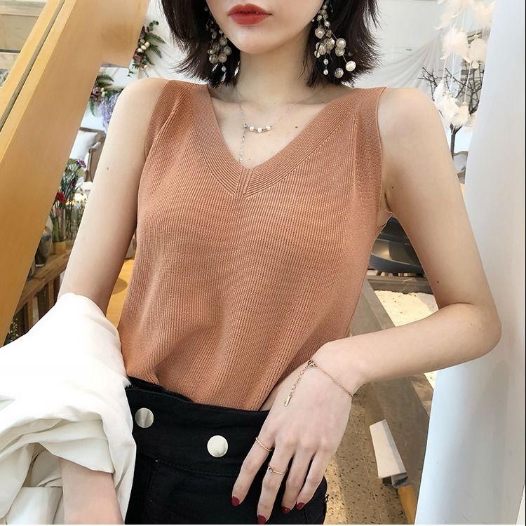 Fashion Ice Silk Camisole Women's Outer Wear Summer Sleeveless Knitwear Korean Style Loose V-neck Short Bottoming Shirt Top Fashion Womenswear Lingerie 0