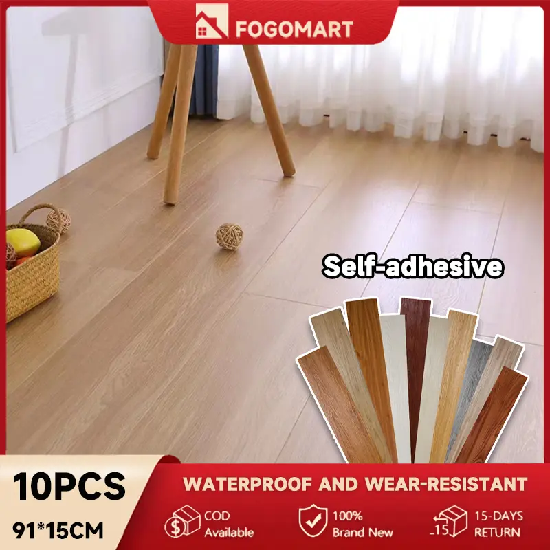 FOGOMART 10pcs Floor Stickers  1.5mm PVC Floor Sticker Waterproof Removable Vinyl Floor Home Decorative Wood Grain Self adhesive Sticker【COD】