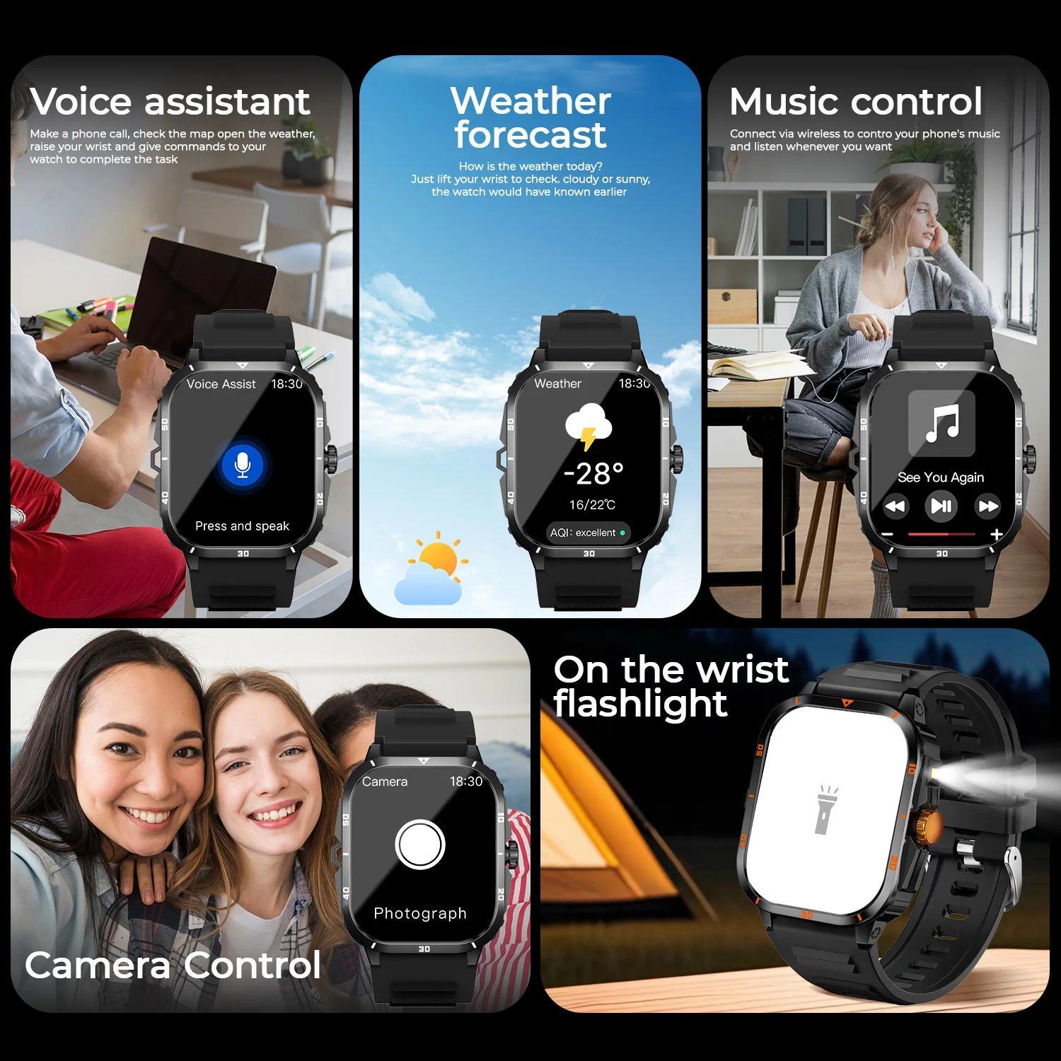 2026 New LED Flashlight Smart Watch Men Bluetooth Call Waterproof 400mAh Large Battery Smartwatch Heart Rate Monitor Smart Watch