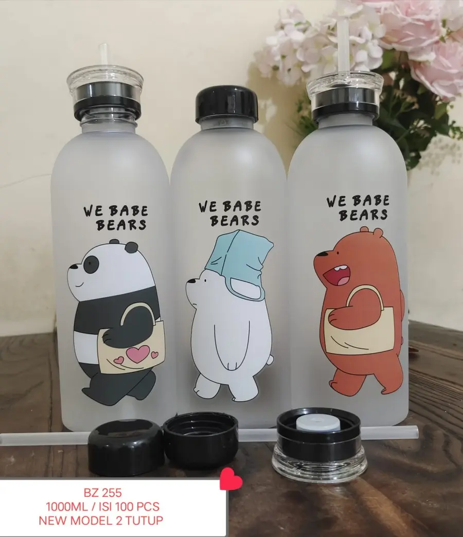 Botol Minum We Bare Bears Multifungsi / Botol Minum Sedotan Karakter Transparan 1 Liter Plastik Set