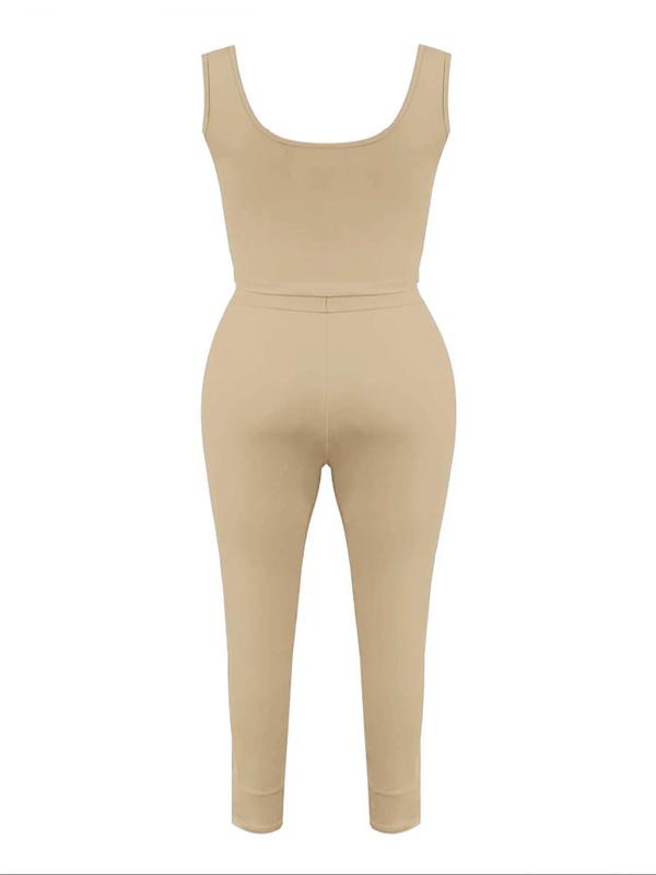 Lovelywholesale 2 Counts Plus Size Solid Scoop Neck Crop Tank Top & High Waist Pants Set, Summer Clothes Women, Sleeveless Top & Skinny Trousers, Two-piece Outfits for Summer 7