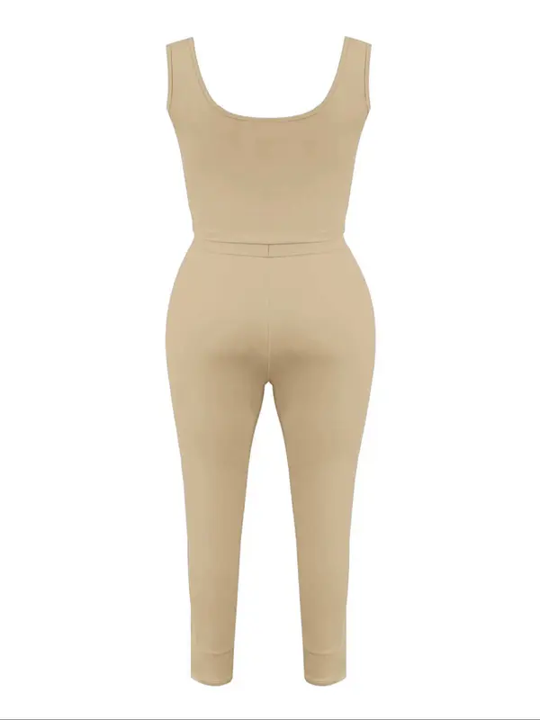 Lovelywholesale 2 Counts Plus Size Solid Scoop Neck Crop Tank Top & High Waist Pants Set, Summer Clothes Women, Sleeveless Top & Skinny Trousers, Two-piece Outfits for Summer 7