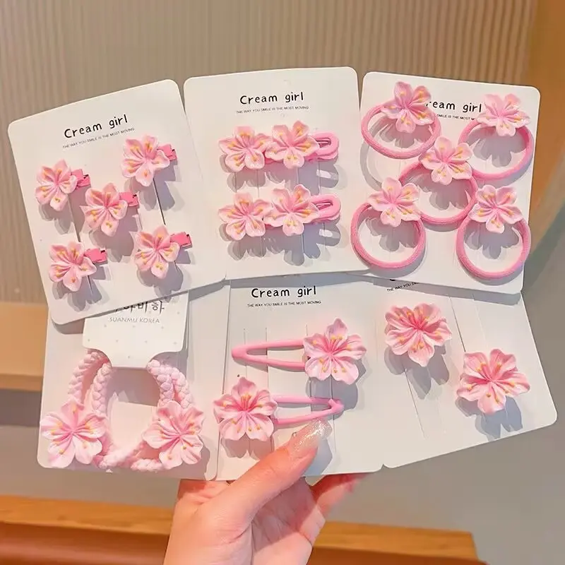 Korean cherry blossom hair clip pink cute hair card flower rope set