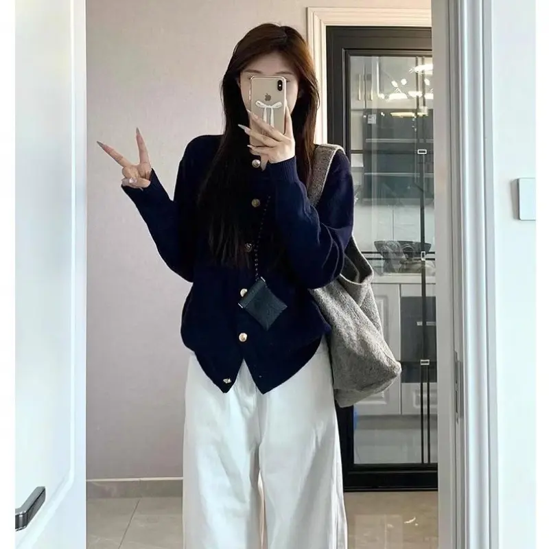 Áo Len, Phong Cách Hàn Quốc, Màu Xanh Navy, Dành Cho Nữ, Thiết Kế Mùa Thu, Nút Kim Loại, Phong Cách Preppy Trông Tựa Dạo, Áo Len 6