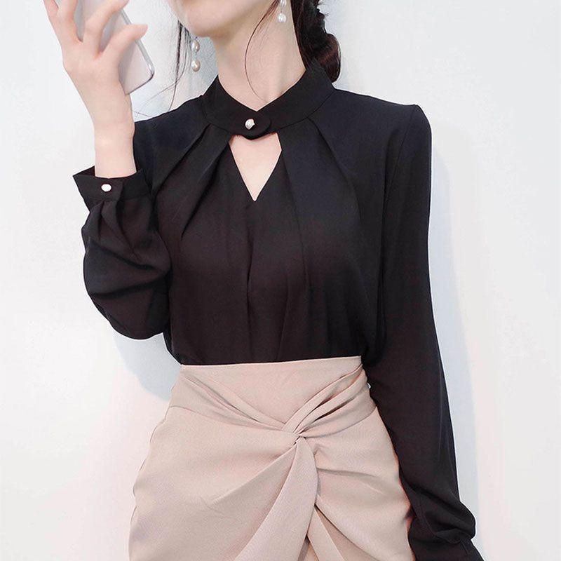 Áo Sơ Mi Dài Tay Màu Trơn Cho Nữ, Áo Sơ Mi Đế Gợi Cảm Mới, Áo Sơ Mi Nhỏ, Áo Trượt Trên Đầu, Khăn Quàng Cổ Thanh Lịch 8