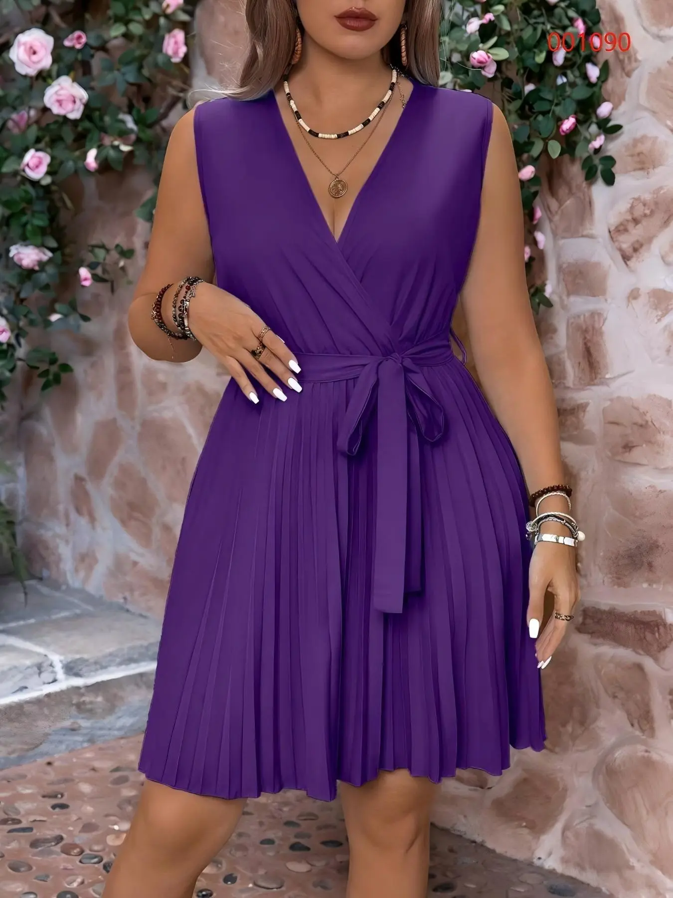 【Plus Size】 Solid Color Dress, Plus Elegant Fashion Casual V Neck Sleeveless Dress for Daily Outdoor Wear, Women Plus Clothing for Summer