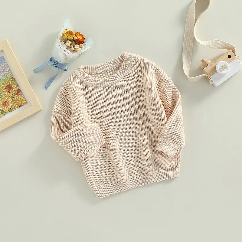 Qinlisey Toddler Baby Round Neck Sweaters, Long Sleeve Solid Color Loose Knitted Pullovers