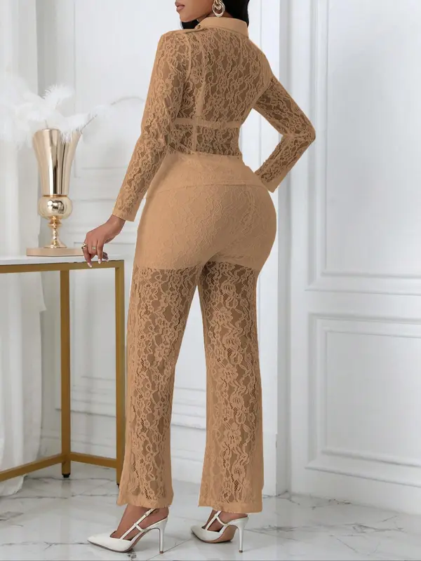 Women's Floral Lace Button Front Pocket Jacket & High Waist Pants Set, Elegant Sheer Long Sleeve Collared Top & Straight Leg Pants for Vacation Holiday Party, Ladies Clothes for All Seasons, Sassyclassyclothing, Co-ord Sets for Women 5