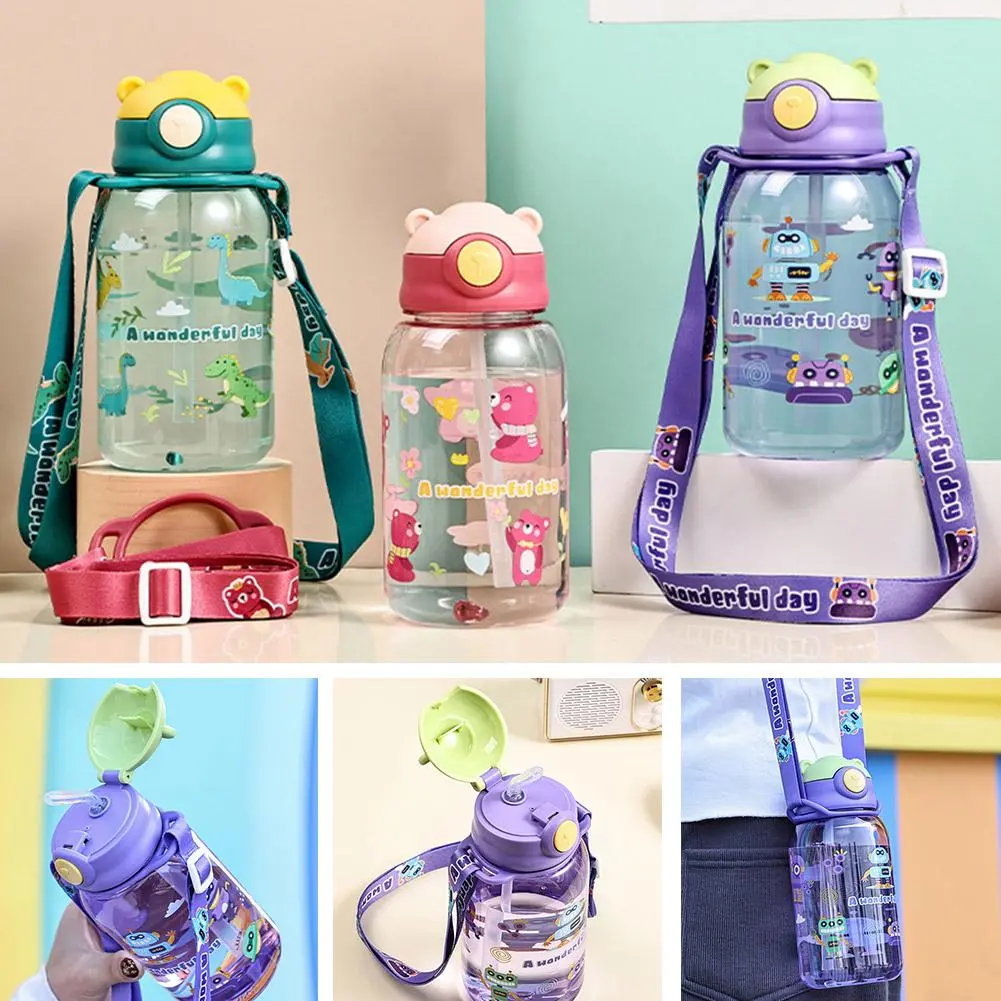650ml Dual-purpose Straw Cup Cartoon Anti Fall Children's Plastic Bottle