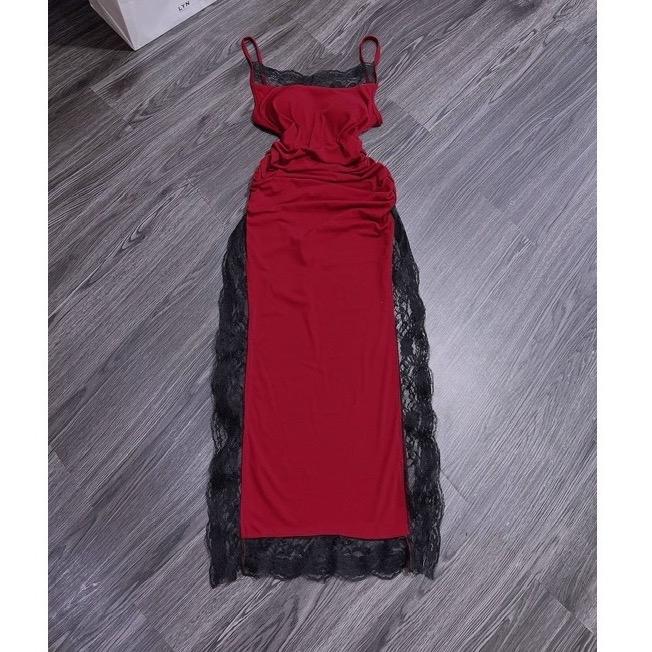 CHẤT NHUNG MÚT SỊN Đầm body maxi xẻ phối ren ( CÒN đen - đỏ đô ) Ôm gọn NHUNG Nữ Dress váy body xoắn eo 5