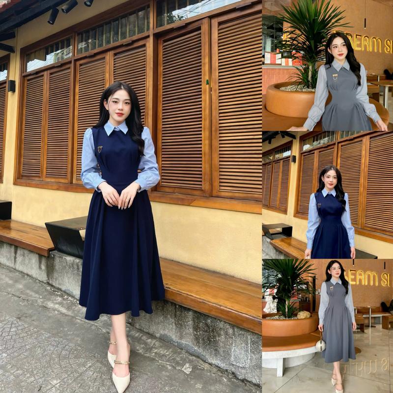 C12 - Váy Thiết Kế Evii dành cho Nữ Váy Cổ Đức Xếp Ly eo dáng A dài phối sơ mi kẻ Tặng kèm tag cài phù hợp đi chơi Dress Đầm Women