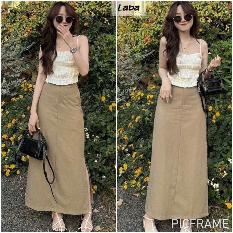 Set Váy Ka.ki Bager Dáng Dài Áo 2 Dây Lụa Nhún Tôn Dáng - Nữ - Women