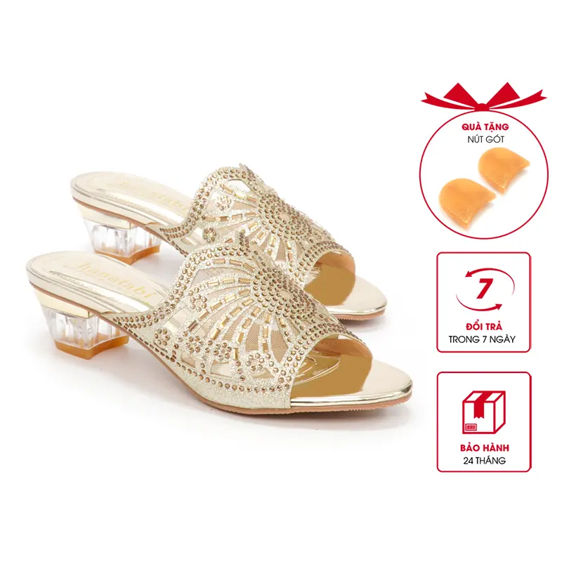 Dép Nữ Cao Gót Mica 3cm Hanatabi Quai Lưới Đính Đá Đế TA Cao Cấp Bigsize (35-41) Mã HNDE3F786