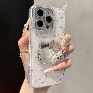 Ốp Điện Thoại 2 Trong 1 Tương Thích Với Hành Tinh, Phấn Lấp Lánh Mèo KT, Ống Kính 15 / 16 Pro Max, Gương Kim Cương 13, Thích Hợp Cho Ốp Điện Thoại 15, 14 Plus
