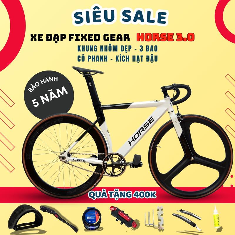 Xe Đạp Fixed Gear LIFE HORSE 3.0 Khung Nhôm Có Phanh + Quà Tặng - Xe Đạp FX2 ba đao Học Sinh Tay Cong fixed track bike Sports