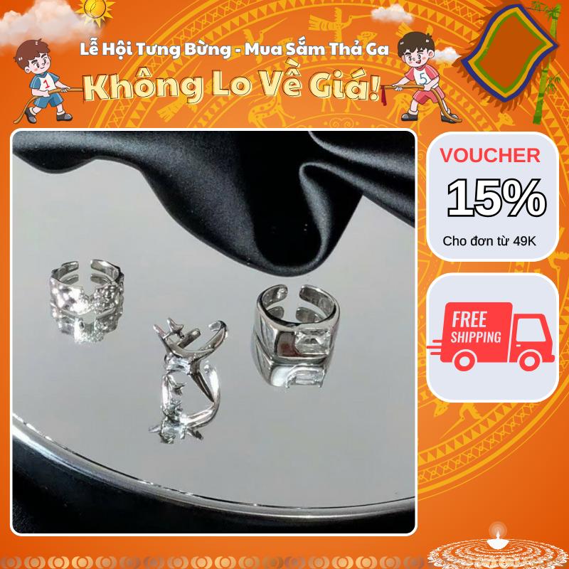 [Mua Là Thích, Không Thích Hoàn Tiền] Nhẫn bạc nam nữ chất liệu hợp kim titan chống han gỉ thiết kế mạ bạc mặt nhẫn đính đá thời trang Kuu Clothes phong cách hàn quốc dễ phối đồ - Nhẫn 3Stars