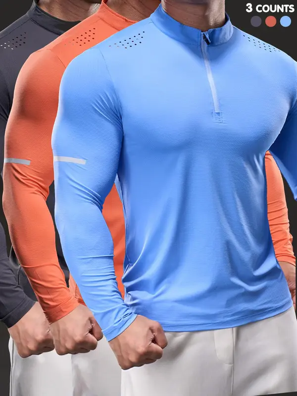 Men's Half Zip Up Stand Collar Sports Tee, High Stretch Tight-fitting Casual Comfy Breathable Long Sleeve T-shirt for Gym Workout Running, Men's High Stretch Sportswear for All Seasons, Athletic Fitted Breathable Mens Clothing 8