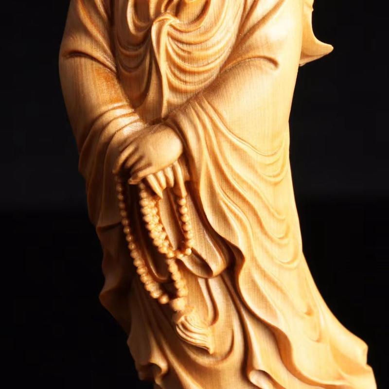 Product Introduction of Cliff Cypress Wood Carving Guanyin Buddha Statue Ornament Standing Statue Worship Household Solid Wood Guanyin Smiling Face Guanyin 5