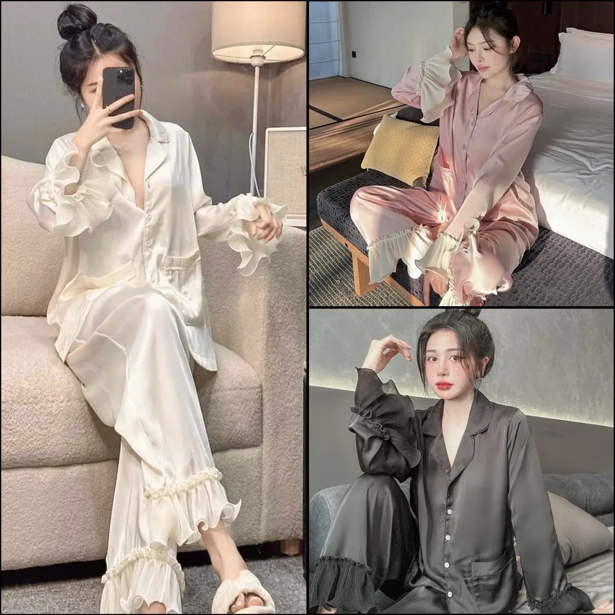 Bộ Pizama Tiểu Thư Vải Lụa Mịn Màu Trơn Thiết Kế Voan Dập Li Gấu Tay Gấu Quần, có 4 màu lựa chọn (đen-kem-hồng- đỏ), quần có túi, free size 40-63kg Women
