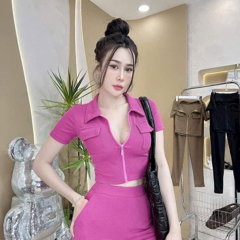 Sét bộ Nữ thun tăm lạnh co giãn dày dặn, Áo túi nắp crop top cổ trụ khoá kéo , quần lưng siêu cao có túi Women 2
