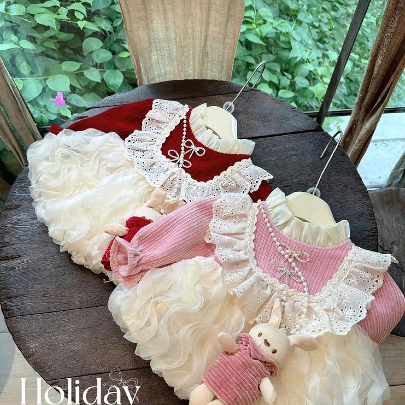 váy đỏ kèm gấu váy bé đi chơi noel tết ,đầy năm váy mùa thu đông