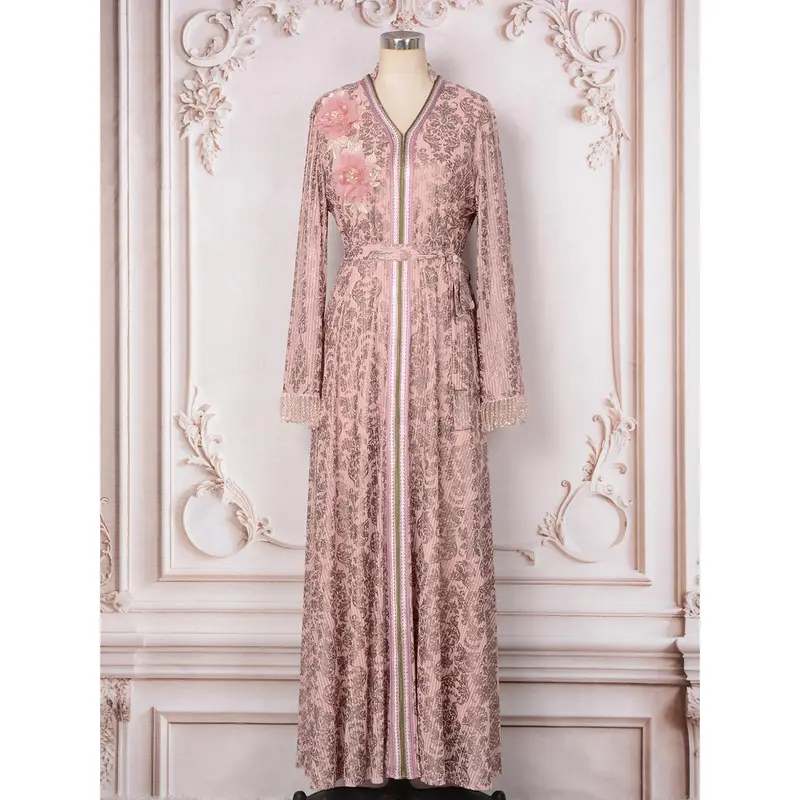 2025 Women's Middle Eastern Style Evening Dress Muslim Fashion New Fashion Gold Stamped Floral Decoration Long Sleeve Dress for Women 5