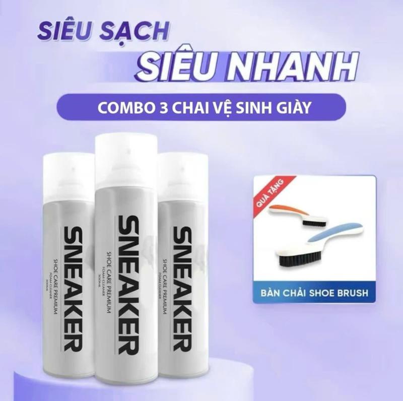    Tặng Bàn Chải   Combo 3 Chai Xịt Tạo Bọt Vệ Sinh Giày Sneaker Cao Cấp Tặng Kèm Bàn Chải Đa Năng 