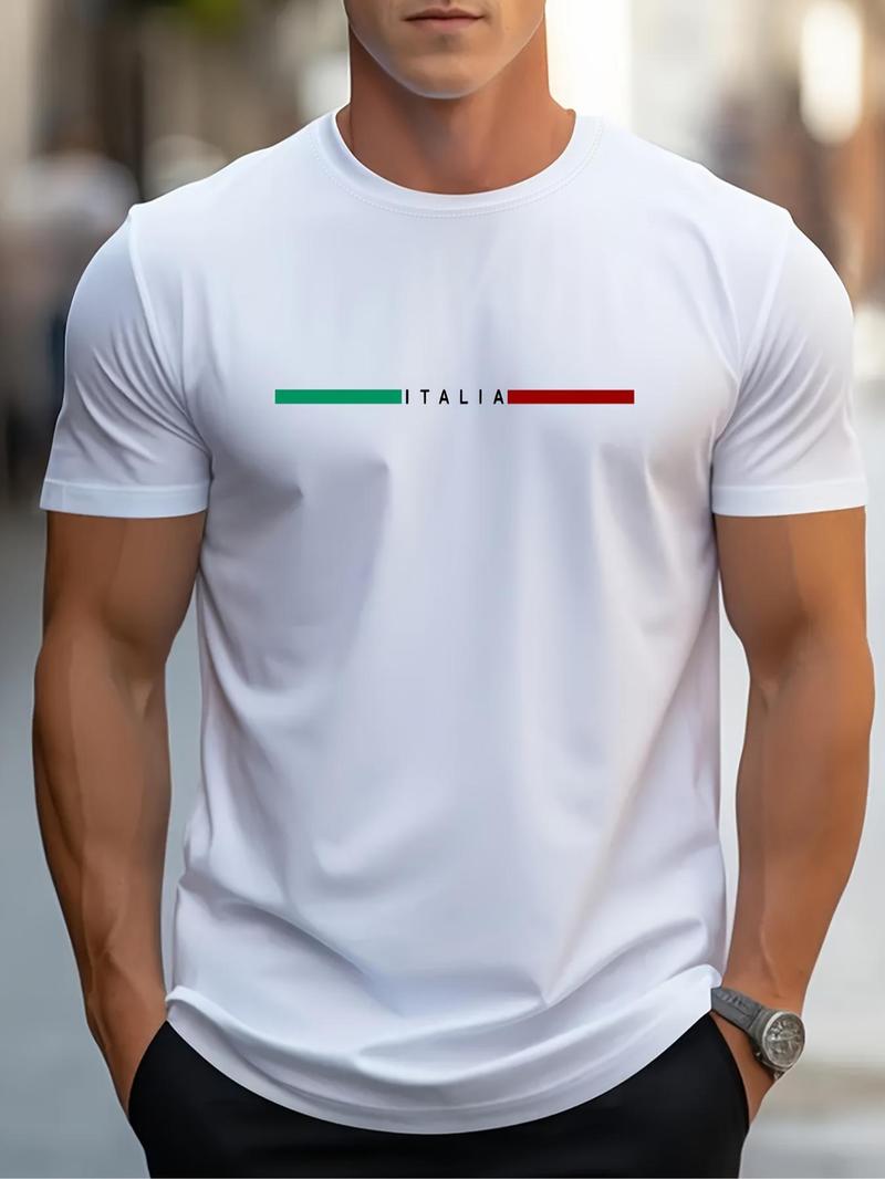 Product Introduction of Men's Regular Fit Letter & Flag Print Round Neck Tee, Casual Short Sleeve Crew Neck T-shirt for Summer, Fashion Men's Top for Daily Wear 1
