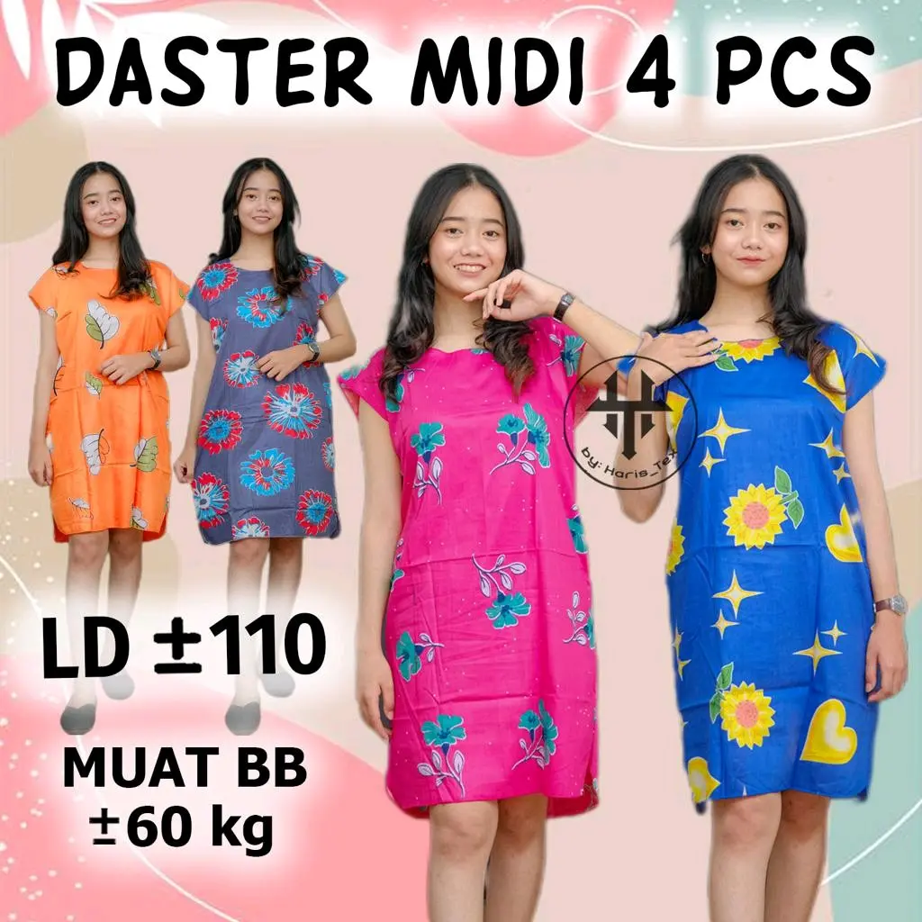 Daster Wanita Midi isi 4pcs Motif Rayon Dress Kerah Bulat  Nyaman Tidur