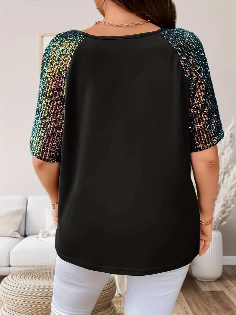 Product Introduction of Plus Contrast Sequin Raglan Sleeve Tee, Summer Clothes Women, Casual V Neck Half Sleeve T-shirt for Summer, Women's Plus Clothing for Daily Wear 2