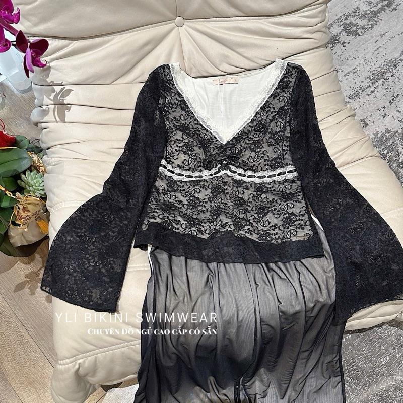 [ YLI BIKINI SWIMWEAR ] Bộ thun dài dài 2 lớp ren đen tay loe Lyly QC cao cấp 4