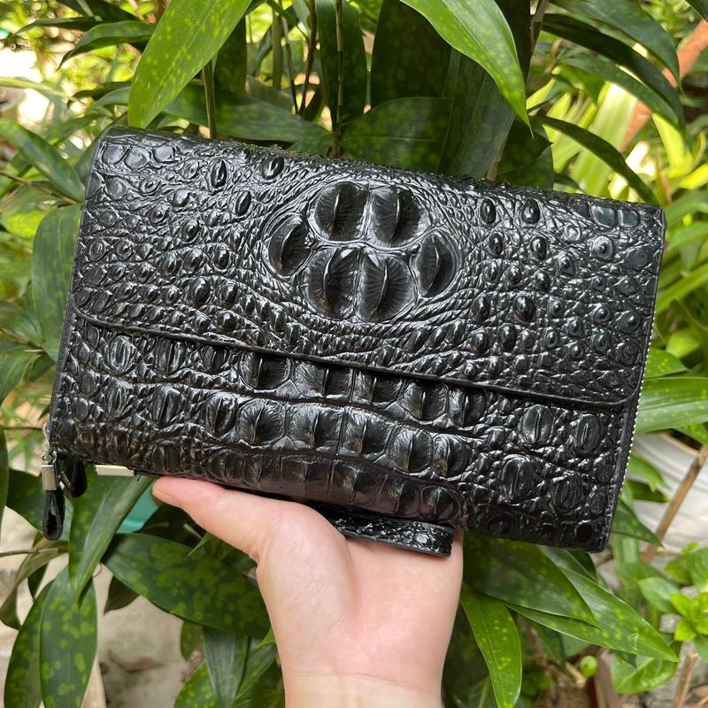 Ví cầm tay nam/nữ da PU Vân cá sấu 2 khoá kéo 01