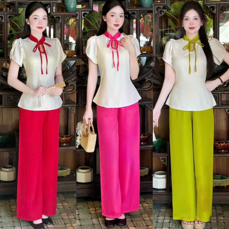 [FREESHIP] A101- Sét Bộ nữ mặc Tết 2025 áo cổ tàu kèm quần chéo hàn vải mềm mịn dày dặn, đi lễ tết đi du xuân 38kg-60kg Mijustore Women Kem Top