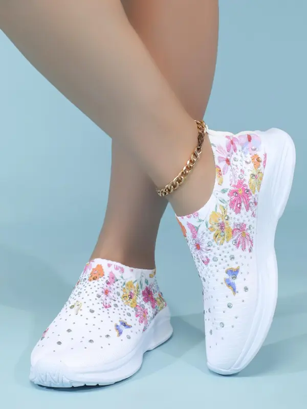 Minimalist Casual Floral Pattern Sports Shoes As Galentine's Day & Lovers Day Outfits, Round Toe Lightweight Slip on Sneakers for Girlfriend for All Seasons 1
