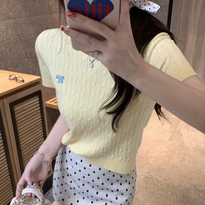 Product Introduction of New Style Braided Embroidered Short Sleeve Knitted Top for Women Korean Style Slimming Short Top 14