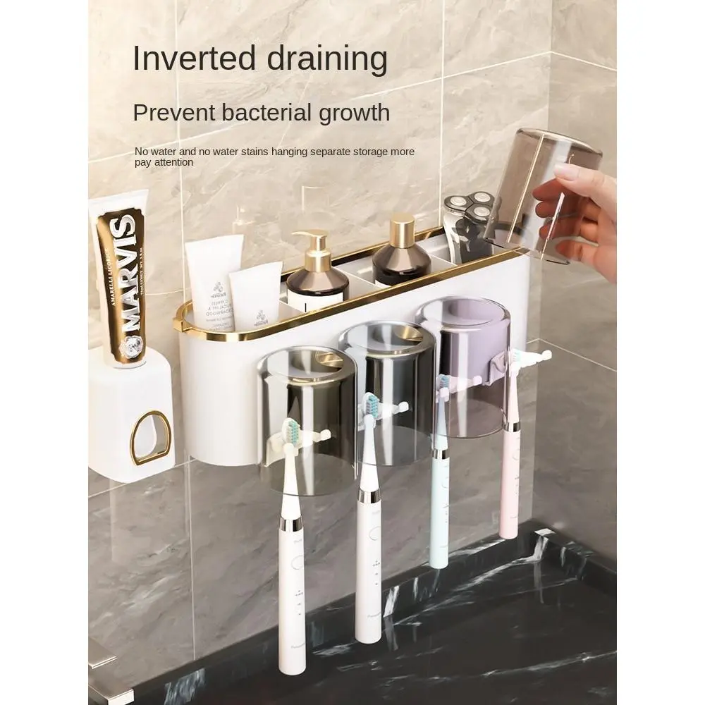 Tooth cup and toothbrush storage rack, with a modular design, can store both tooth cups and toothbrushes (including electric toothbrushes) at the same time, making the washing area cleaner without the need for drilling holes, without damaging the wall, an