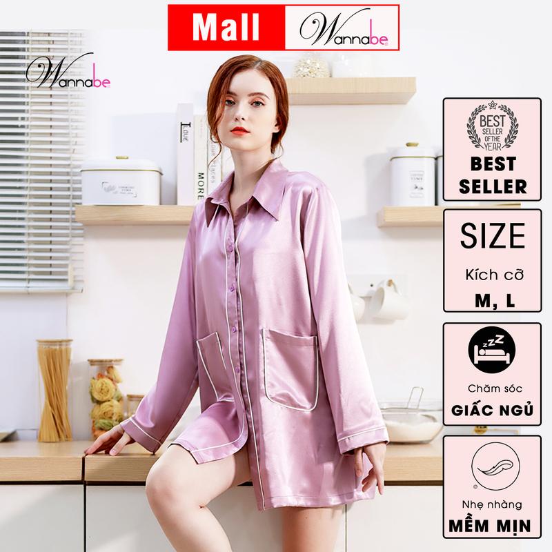 Đầm ngủ sơ mi lụa cao cấp WANNABE váy ngủ kiểu dáng pijama rộng rãi thoải mái tay dài viền gân nổi có túi tiện lợi Nữ Women Dress Đỏ Tay Loe DNS44 Tay Loe 1