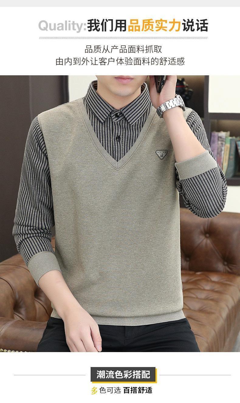Product Introduction of 2024 Winter Fleece-lined Thickened Integral Velvet Sweater Men's False Two Pieces Knitted Sweater Youth Pu Handsome Men's Shirt Nam Slipper 6
