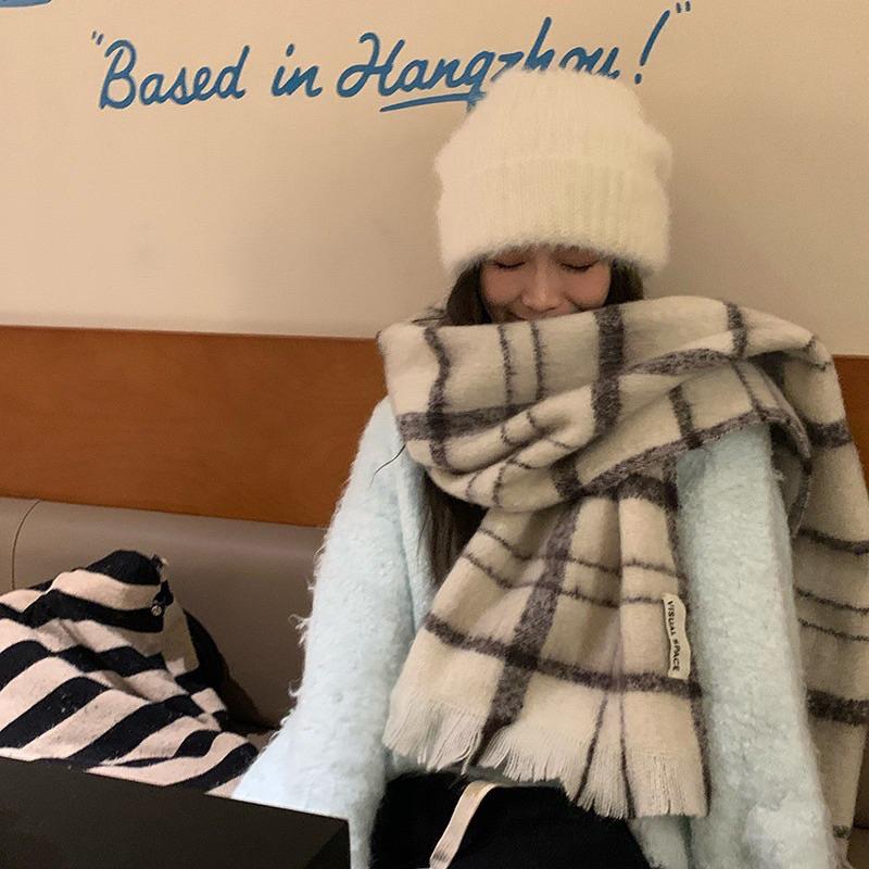 Khăn quàng cổ mùa đông kẻ caro basic, khăn choàng cổ nữ trắng kem xinh xắn thời trang nam nữ