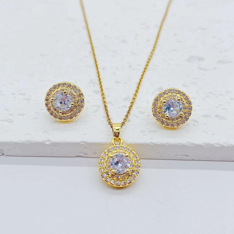 Product Introduction of New Copper Plated Real Gold Micro Inlaid Zirconium round Zircon Earrings Necklace Two-Piece Suit Ornament 4