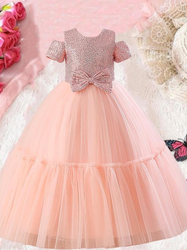 Girl's Contrast Sequin Bow Decor Tulle Dress, Elegant Round Neck Short Sleeve Fit & Flare Dress for Party, Kids Clothes for All Seasons 4