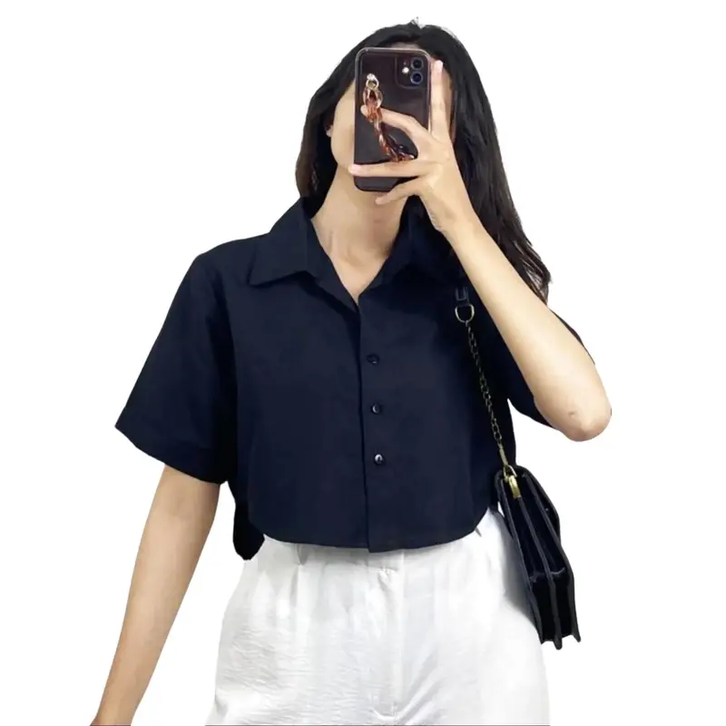 Kemeja Crop Wanita Lengan Pendek Korean Outfit Style Bahan Shakila Twill 1