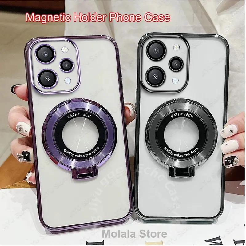 Phone Case For Redmi 12 4G Transparent Soft Cover Magnetic Bracket Shockproof Casing