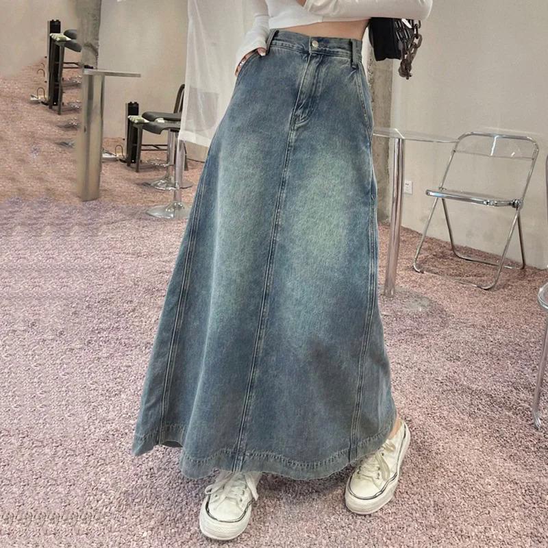 TikTok Shop S 5XL New Women Long Denim Skirt Summer Vintage High Waist A Line Distressed Jeans Skirt Spring Casual Loose Skirt Plus Size