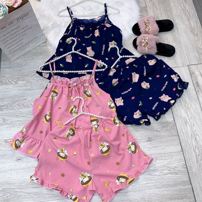 Đồ bộ lụa mềm mịn hai dây ,quần đùi lưng cao ,hàng may kĩ đẹp (40-58kg)