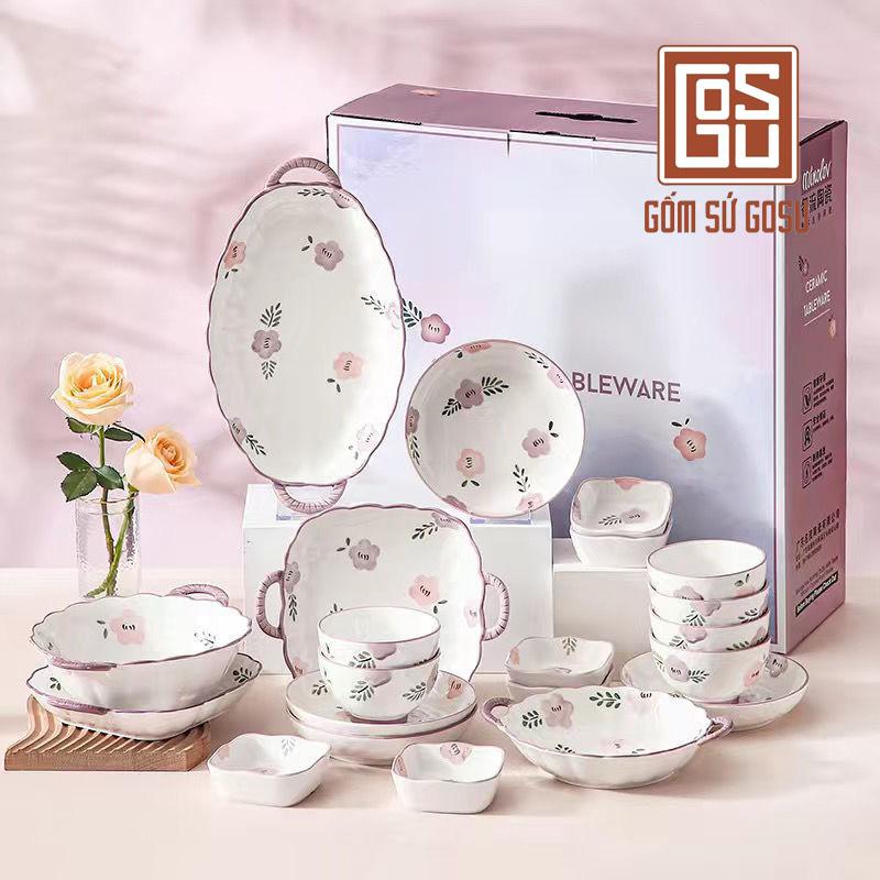   GOSU  Bộ Bát Đĩa Họa Tiết Hoa Hồng Tím Nhẹ Nhàng Thanh Lịch Sử 