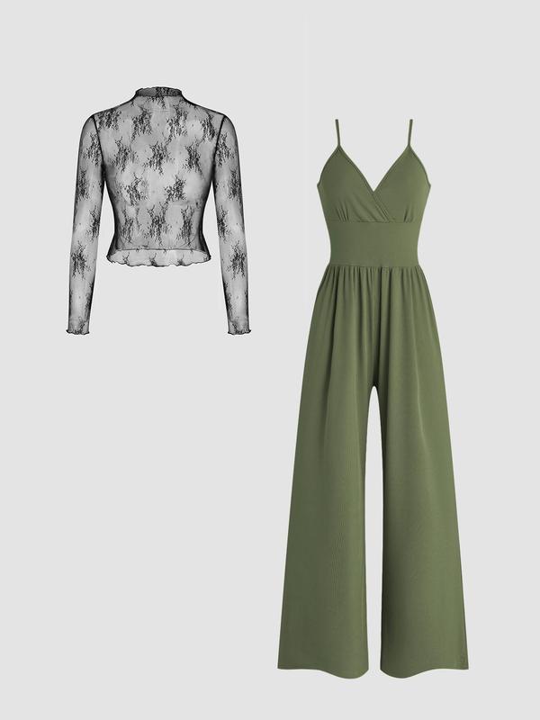 Two-piece Set Women's Solid Color Lettuce Trim Mock Neck Sheer Lace Top & Pocket Wide Leg Cami Jumpsuit, Travel, Elegant Fashion Casual Two Piece Outfits for Daily Outdoor Wear, Women Clothes for Spring & Fall 2